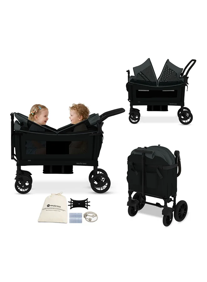 نيوبريز Neobreez ADVI Wagon Cargo Push & Pull Foldable Double Stroller For 2 Kids,Waterproof UPF 50+ Removable Canopy,2in1 Cup Holder,6m-4yrs,44kg, 3yrs Warranty-Grey Black